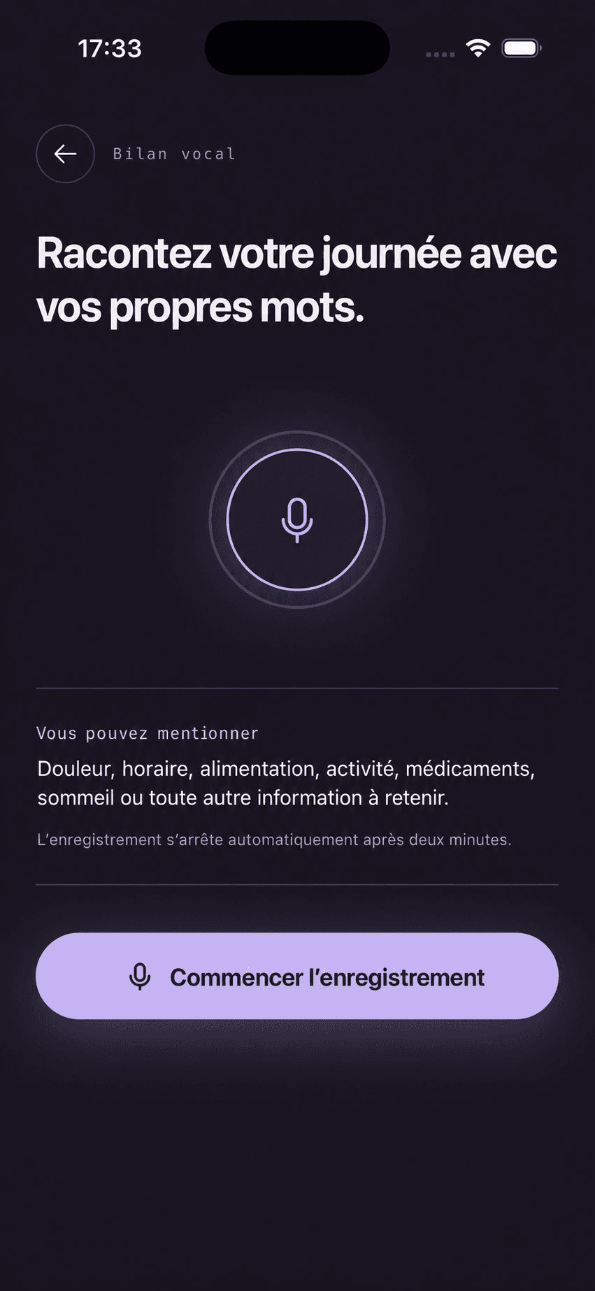 Écran de bilan vocal Migraine0 pour raconter une journée avec vos propres mots