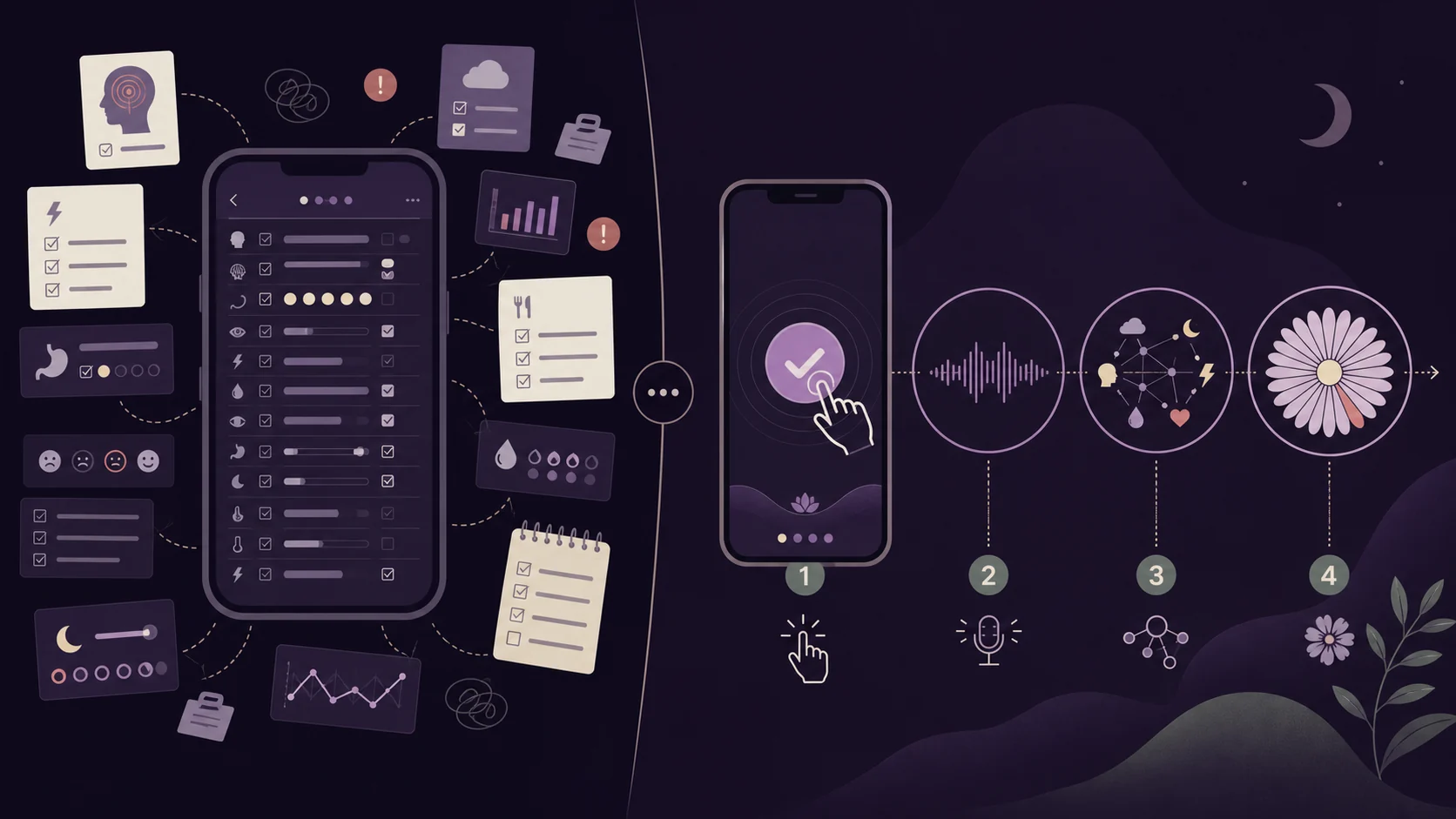 A detailed migraine log compared with the calmer Migraine0 flow from one tap confirmation to voice, connected patterns, and a growing flower